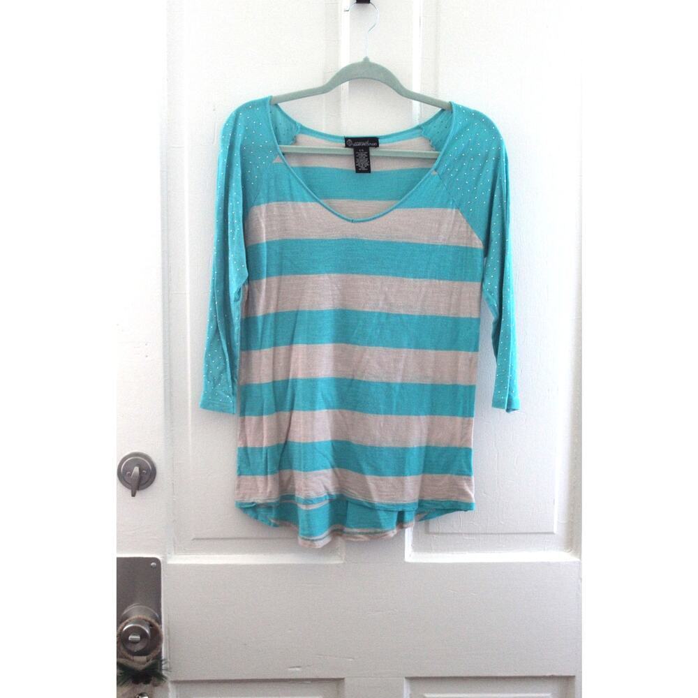 Signature Studio Size Large Boho Studs 3/4 Sleeve Teal Stripped Top Knit